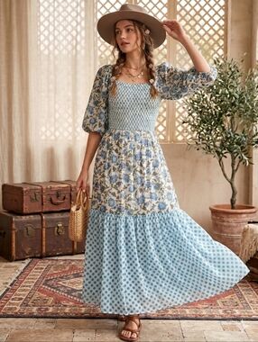 Taylor Smocked Floral Tiered Green Blue Maxi Dress Boho Cottagecore Prairie Sz 4